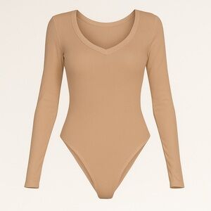 Tan Camel Ribbed Cotton Long Sleeve Bodysuit women’s Size Small